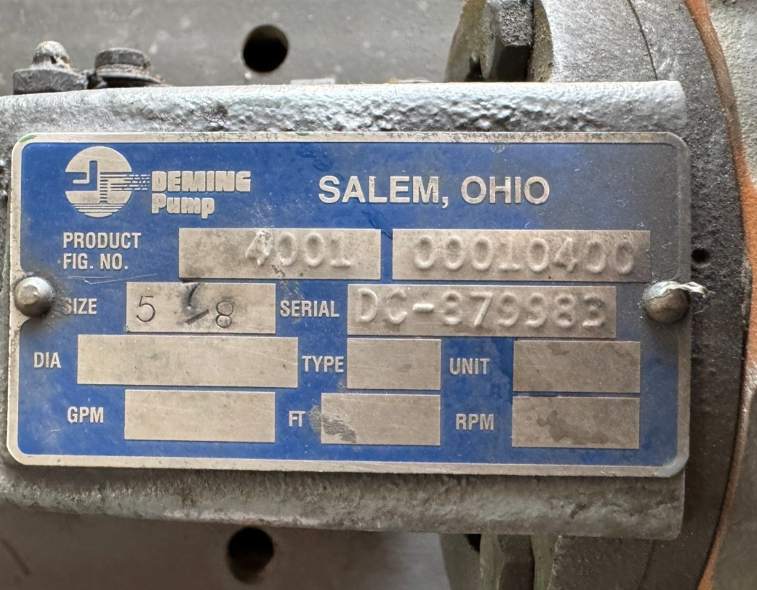 DEMING PUMP OO2 MODEL 4001 00010400 2" X 2" IMPELLAR 5 7/8"  BALDOR MODEL M3542