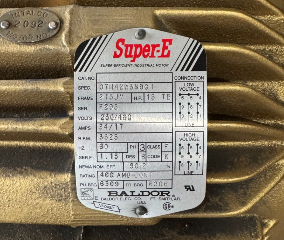 BALDOR SUPER E MOTOR FF5 15 HP MODEL O7H42W389G1 3525 RPM 230/460 V 3 PH