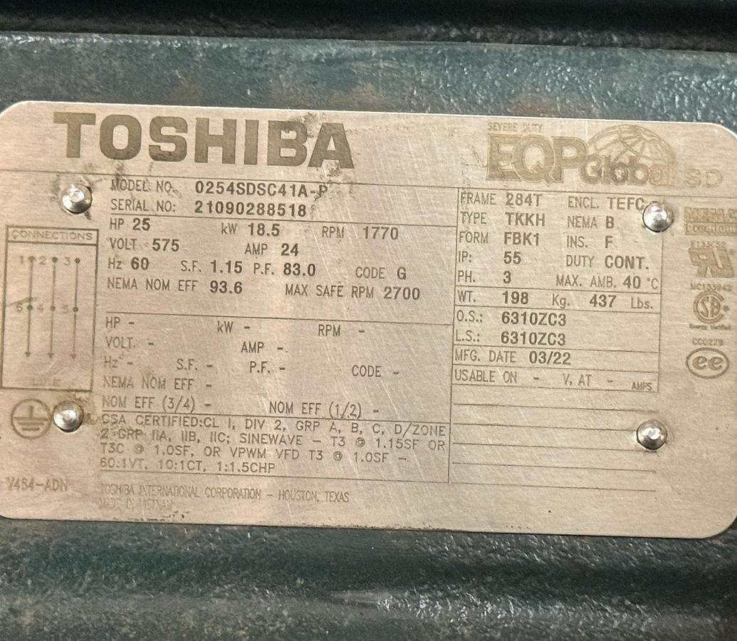 Refurbished TOSHIBA SEVERE DUTY MOTOR 25 HP MODEL 0254SDSC41A-P 2YZ8 1770 RPM