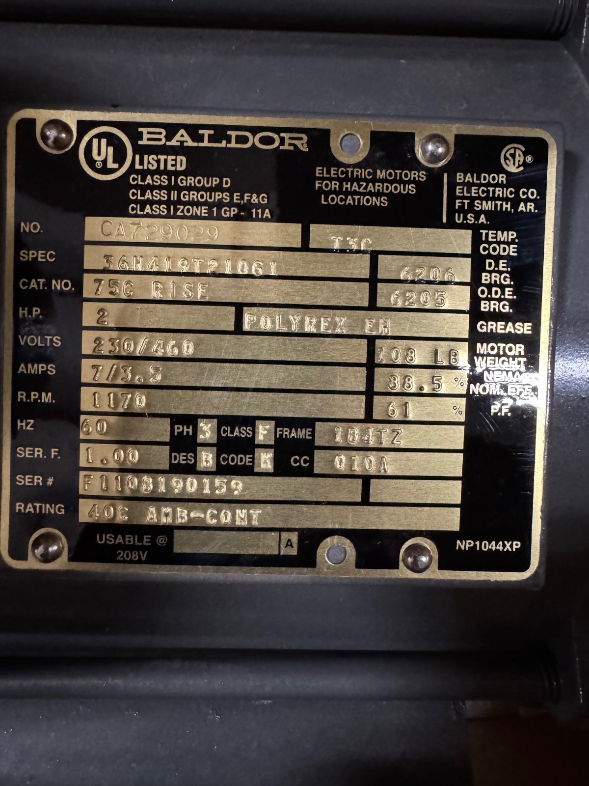 BALDOR  EXPLOSION PROOF Motor 2 HP MODEL 36N419T210G1 VA12B 1170 RPM 230/460 V
