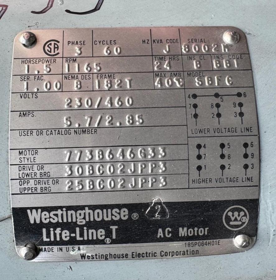 WESTINGHOUSE MOTOR LIFE LINE T CC4 1.5 HP 1165 RPM 230/460 V 5.7/2.85 AMP