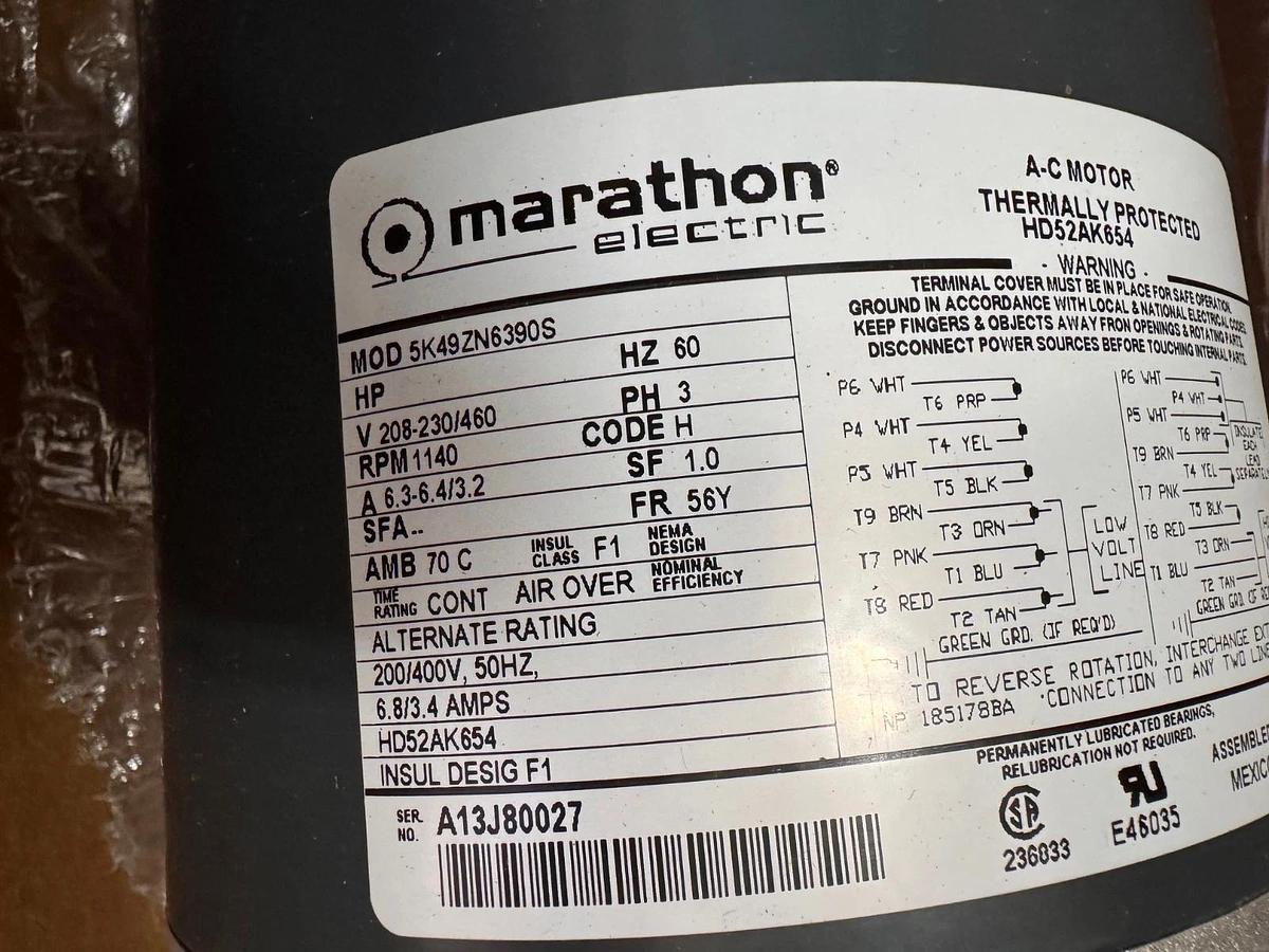 MARATHON Motor 1 HP MODEL HD52AK654 ZL8 ZK2 WA6C 1140 RPM 208/230-460 V 3 PH