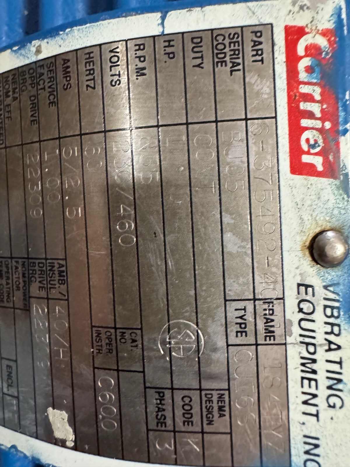 CARRIER 1 HP VIBRATING MOTOR DOUBLE SHAFT XA13 PART 6-375492-40 855 RPM 230/460