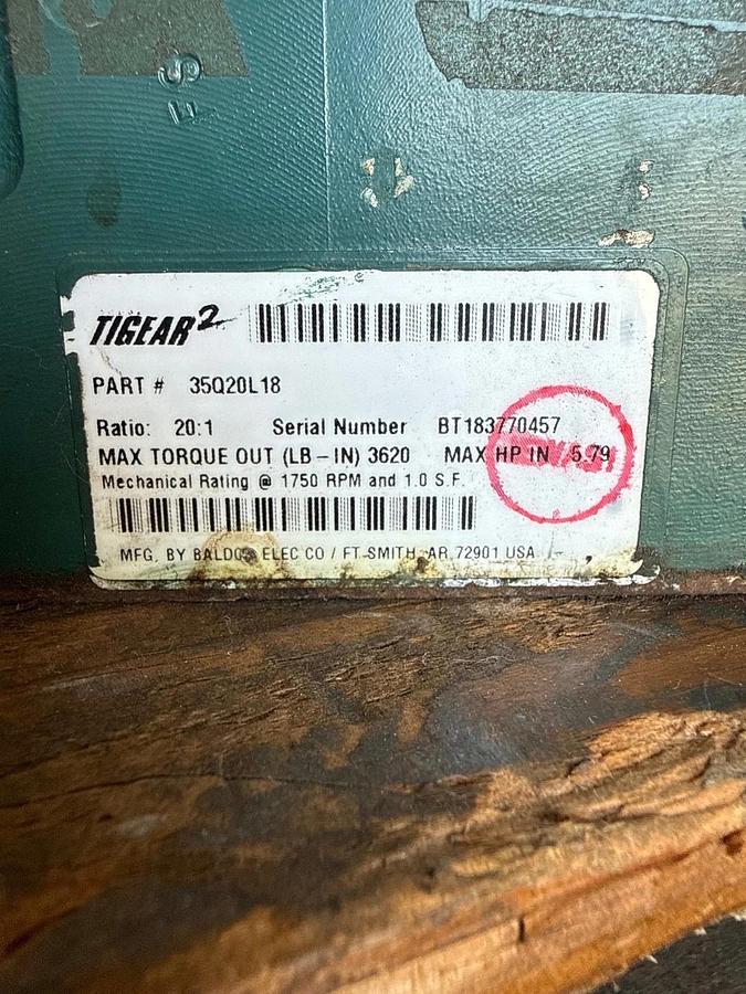 TIGEAR/2 BALDOR GEAR REDUCER 1XWA MOD 35Q20L18 1750 RPM 20 TO 1 RATIO 5.79 HP