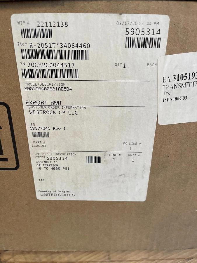 ROSEMOUNT DIFF PRESSURE TRANSMITTER 0-4000 PSI 2051TG4A2B21AE5D4
