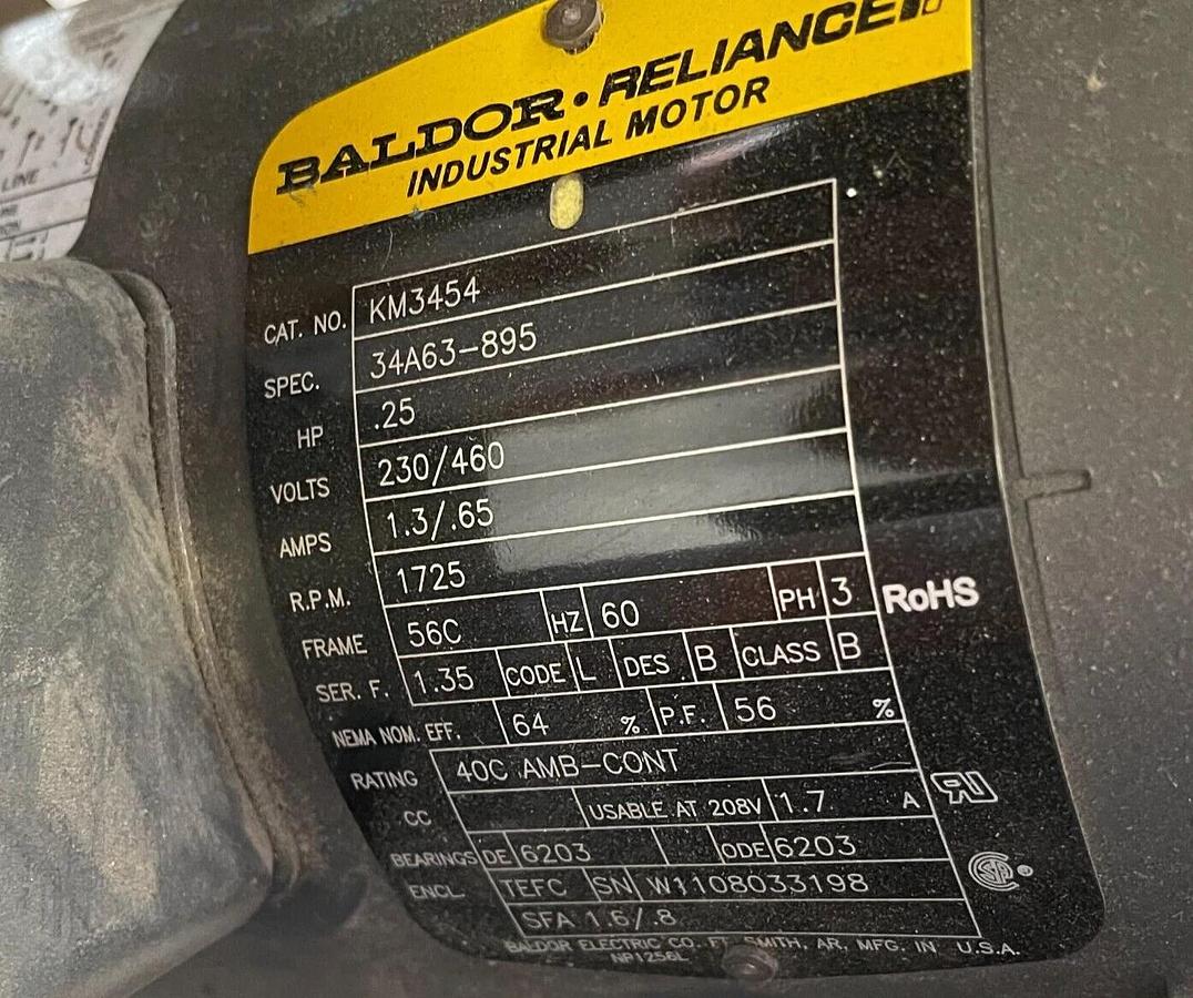 BALDOR 1/4 HP MOTOR 1725 RPM 230/460 V FRAME 56C KM3454