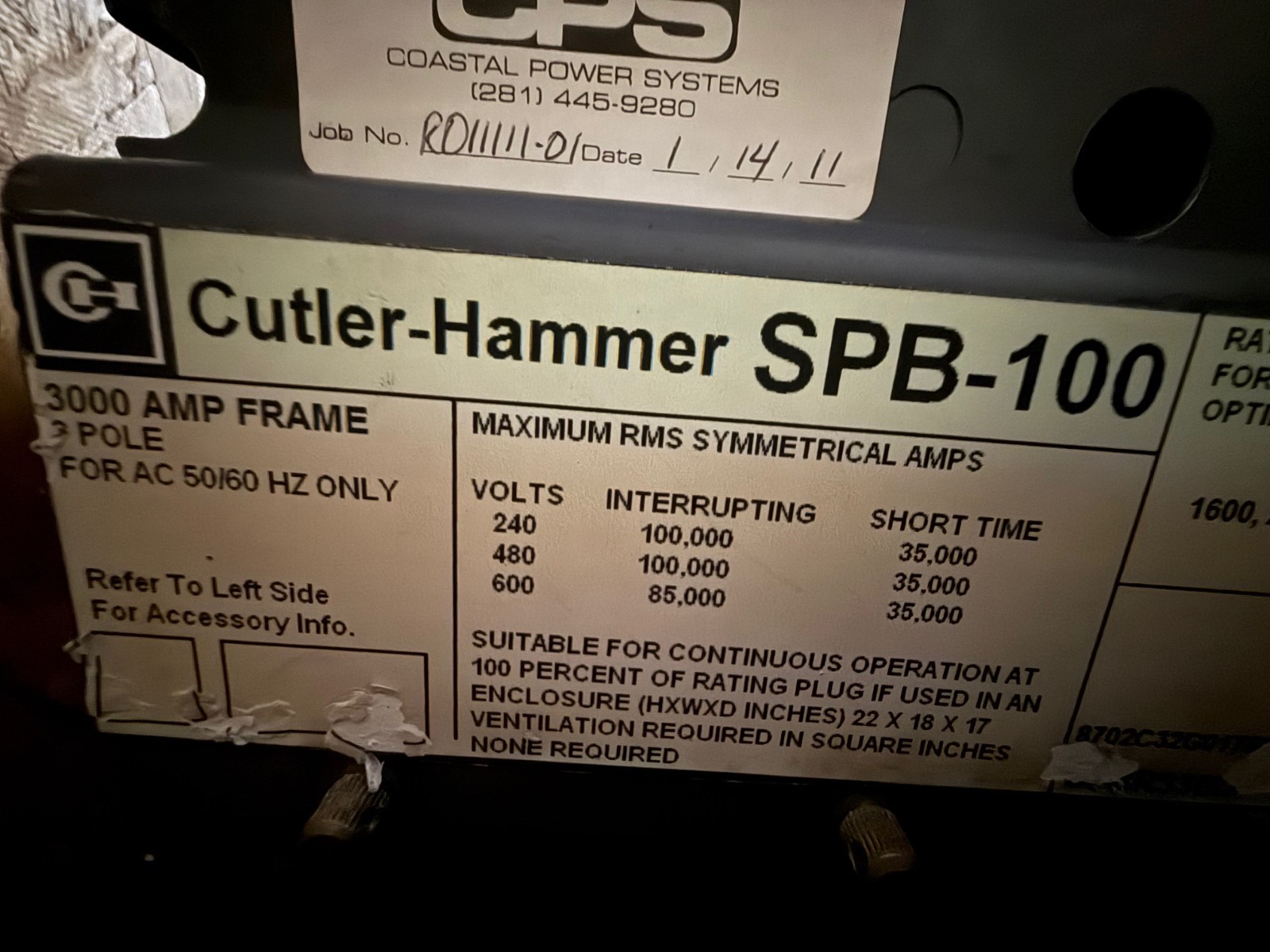 Refurbished BREAKER CUTLER-HAMMER SPB-100 MODEL SPBR330R 3000 AMP BREAKER 3000 AMP TRIP PLUG