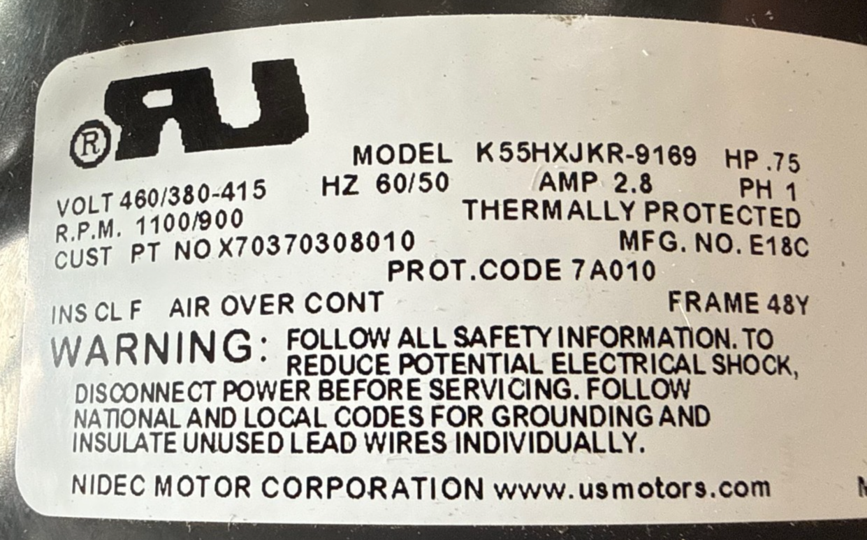 Used NIDEC Motor 3/4 HP MODEL K55HXJKR-9169 ZFA4 1100-900 RPM 460/380-415 V 2.8 AMP 1