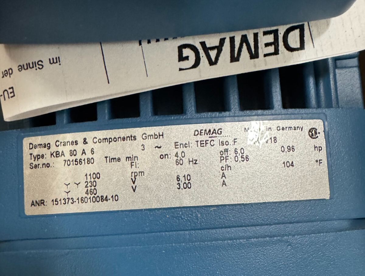 DEMAG CRANE MOTOR E1  .96 HP E1 MODEL KBA80A6 1100 RPM 230/460 V 6.1/3 AMP 3 PH