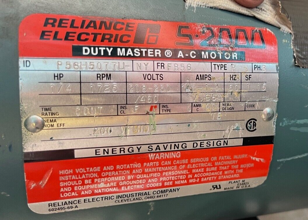 RELIANCE S2000 DUTY MASTER MOTOR 1/4 HP 208/230 460/480 V 1725 RPM FRAME FB56 P5
