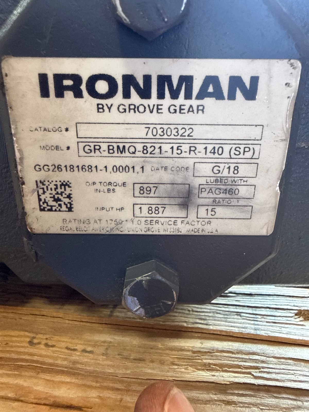 IRON MAN GROVE GEAR REDUCER 1XVD 1XXG 1XXHMOD GRG-BMQ-821-15-R-56 1.887 HP 1750