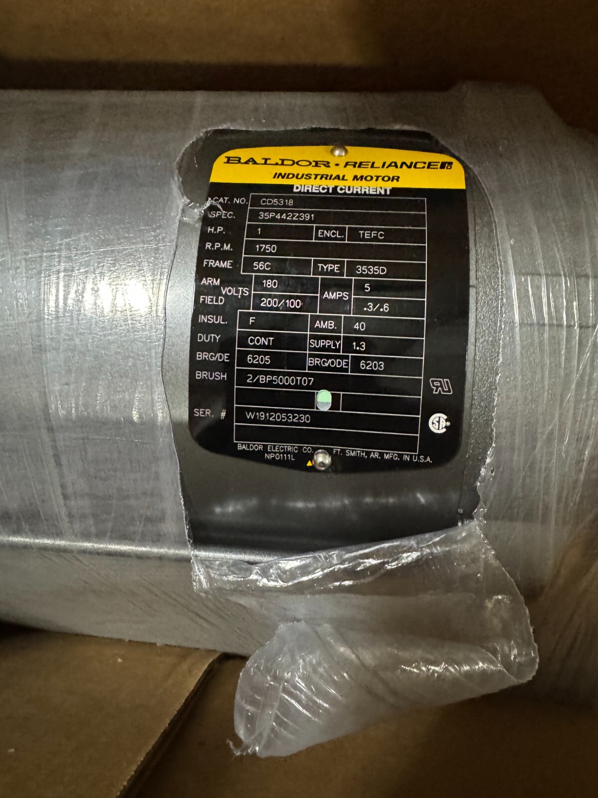 BALDOR DC MOTOR O4 1 HP MODEL CD5318 1750 RPM 180 VOLT DC  AMP FR 56C