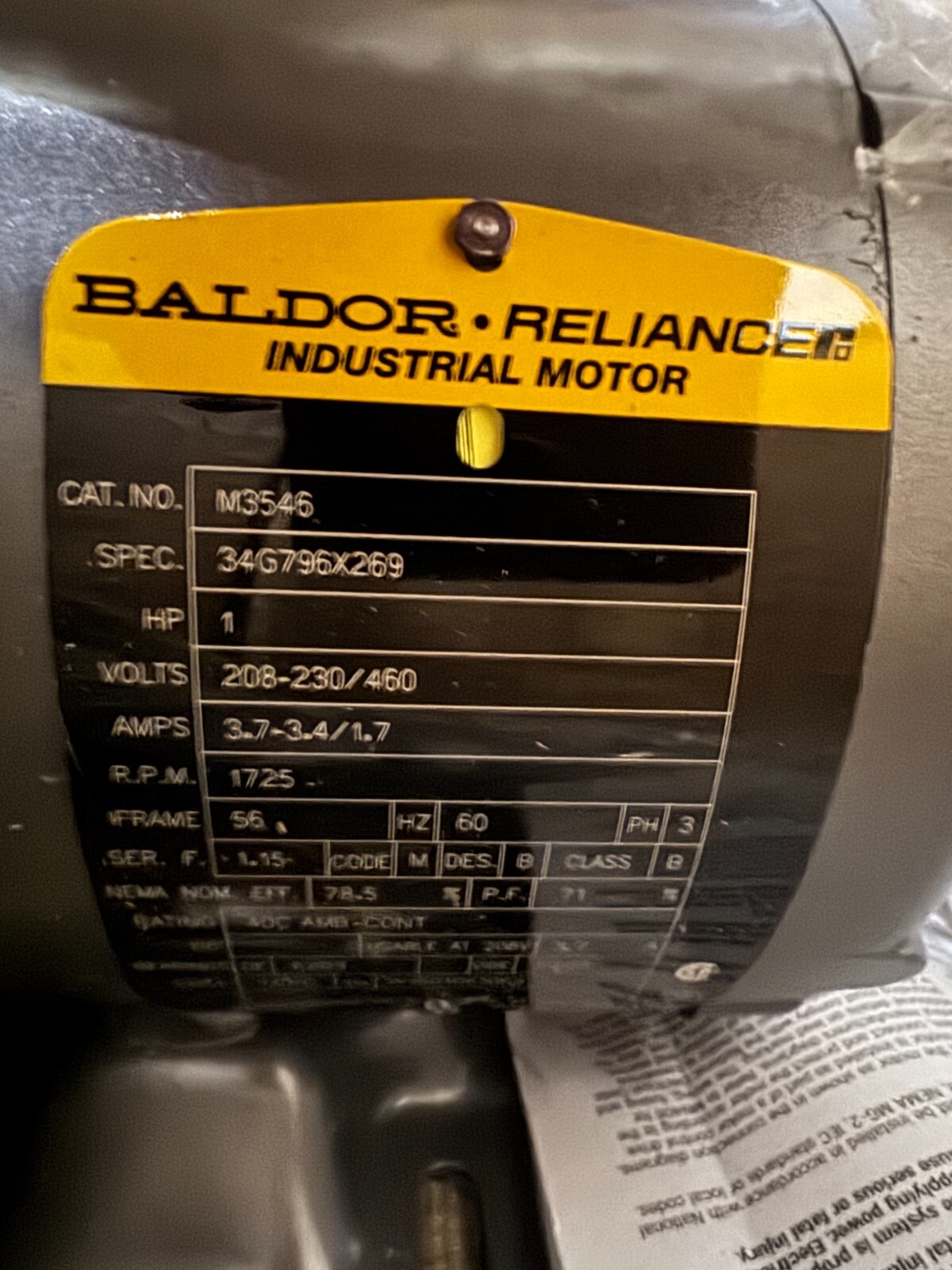 BALDOR MOTOR N4 1 HP M3546 1725 RPM 208-230/460 V  3.7-3.4/1.7 AMP 3 PH FR 56