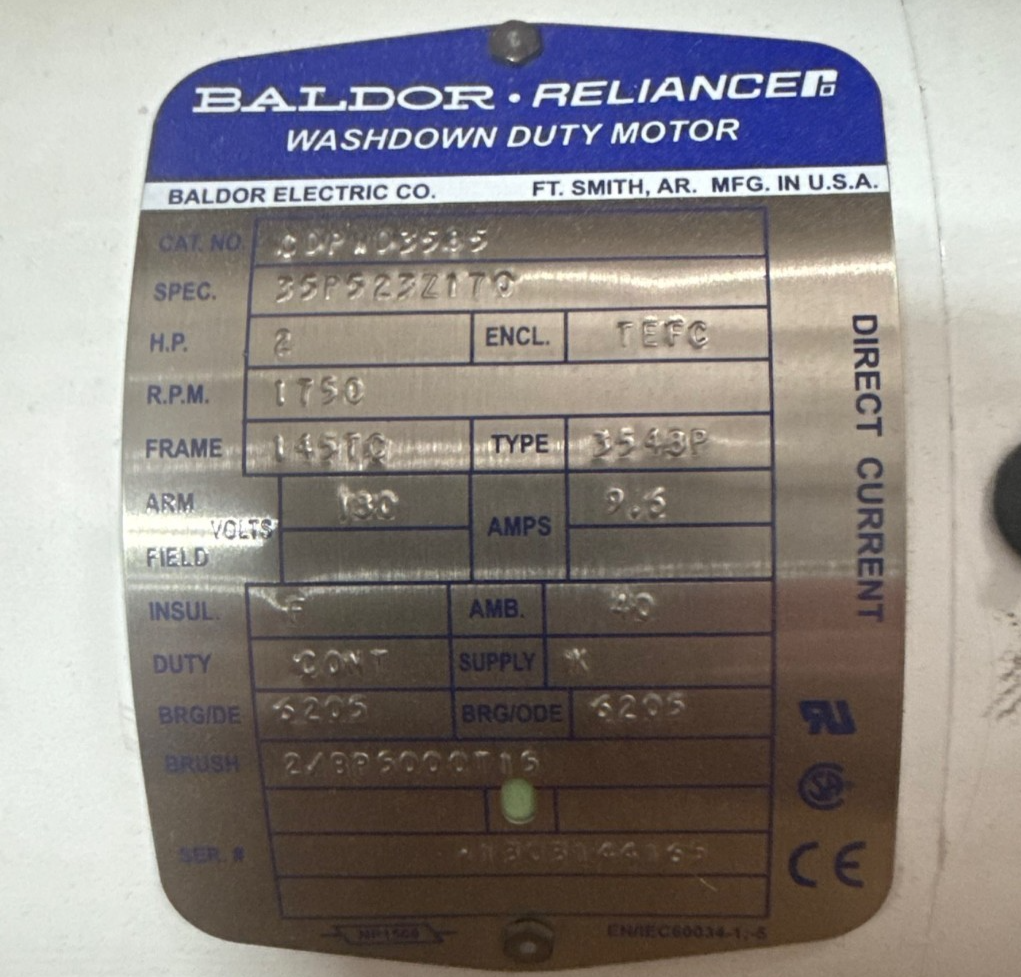 BALDOR 2 HP DC WASH DOWN DUTY MOTOR XA21A CDPWD3585 1750 RPM 180 V 9.6 AMP FRAM