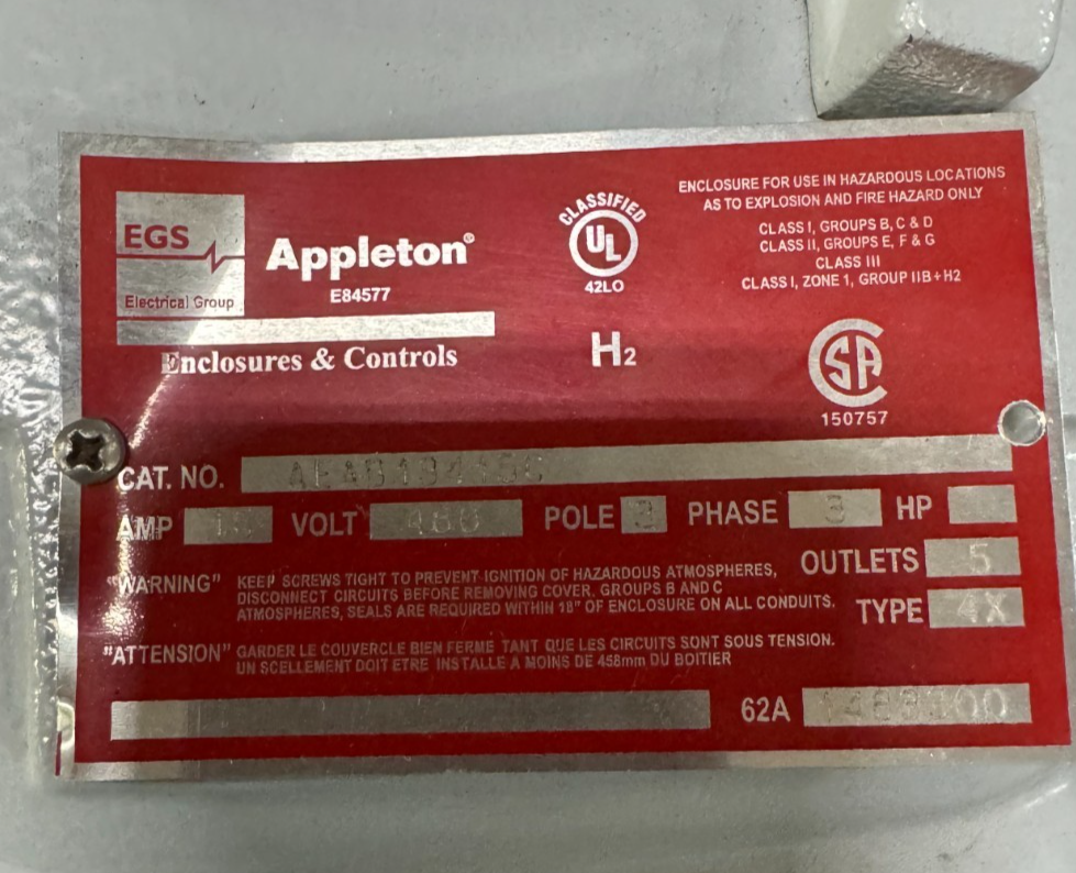 APPLETON EGS EXPLOSION PROOF BREAKER AEAB13415-C V49  15 AMP 480 V 3 POLE 3 PH