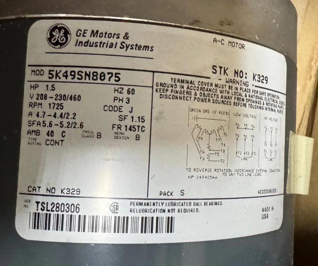 GE 11/2 HP MOTOR AD5B K329 5K49SN8075 1725 RPM 208/230/460 V 4.7-4.4/2.2 AMP