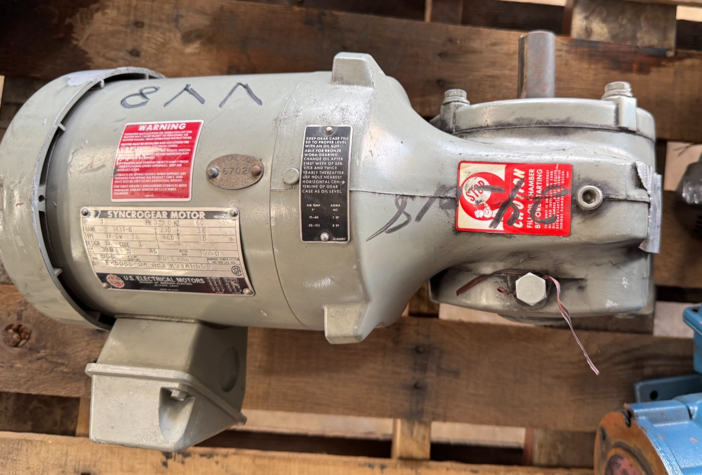 US ELECTRIC MOTORS GEAR MOTOR VV8 MOD TF-GWTE K314R059 1 HP RPM 1750 IN 45 OUT