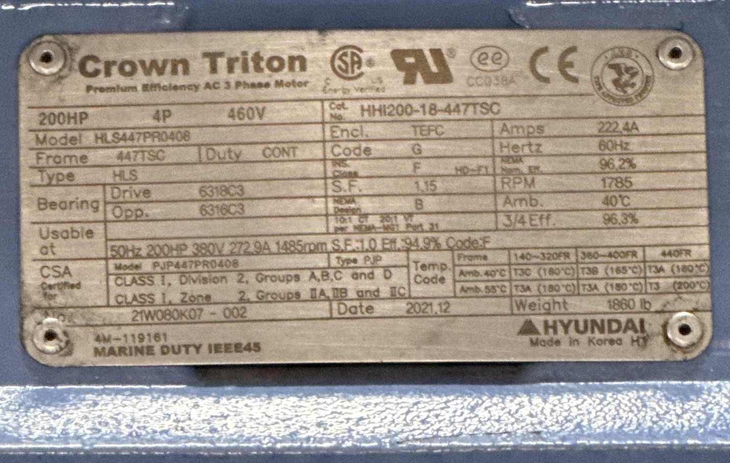 Used Hyundai Crown-Triton 200 HP Motor Model HLS447PR0408 440 V  1785 RPM 222 Amp