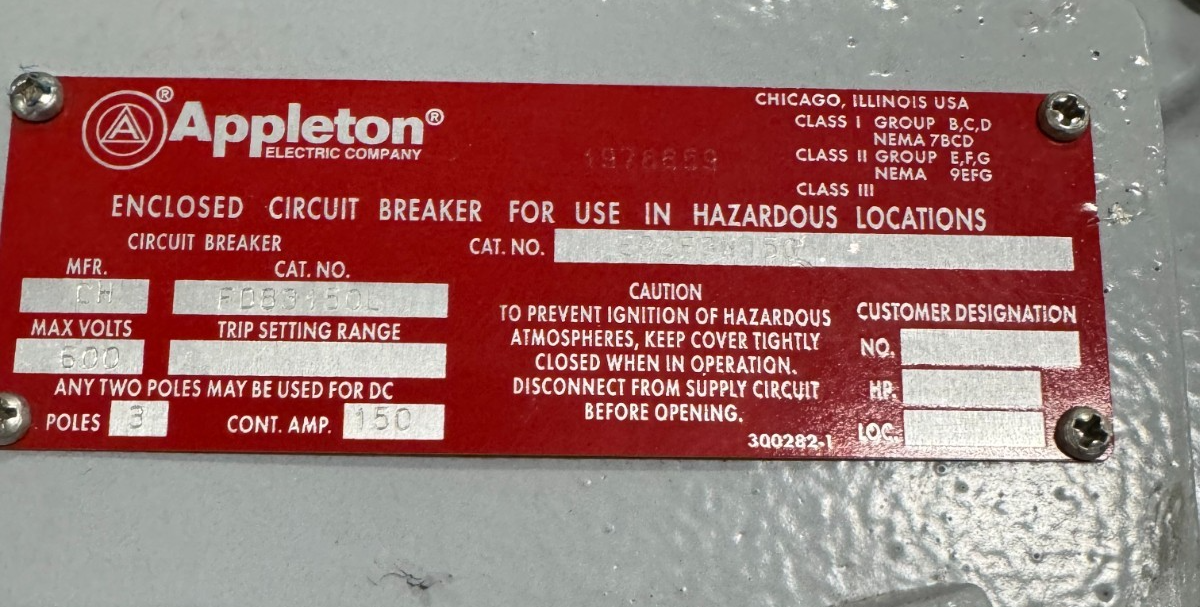 APPLETON EXPLOSION PROOF BREAKER V48 150 AMP 600 V 3 POLE 3 PH EB2EH3W150