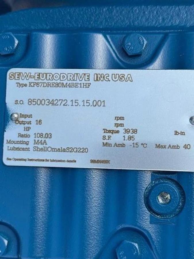 SEW-EURODRIVE GEAR MOTOR WA20 21 MOD KF67DRE80M4BE1HF 1740 TO 16 RPM 1 HP 460 V