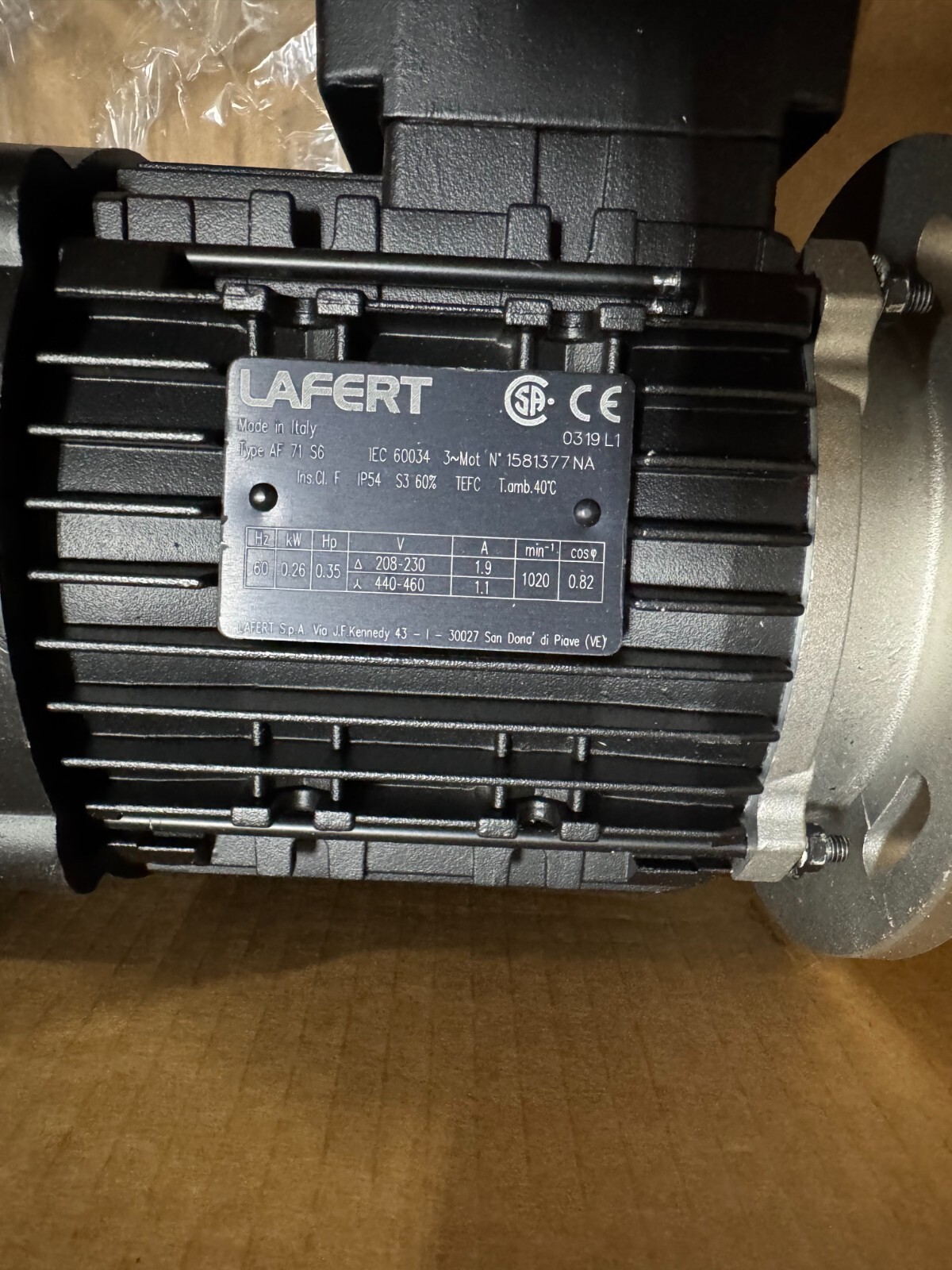 Lafert Electric Motor K1-K25 .35 HP MODEL 1581377NA 1760 RPM 208-230/440-460 V