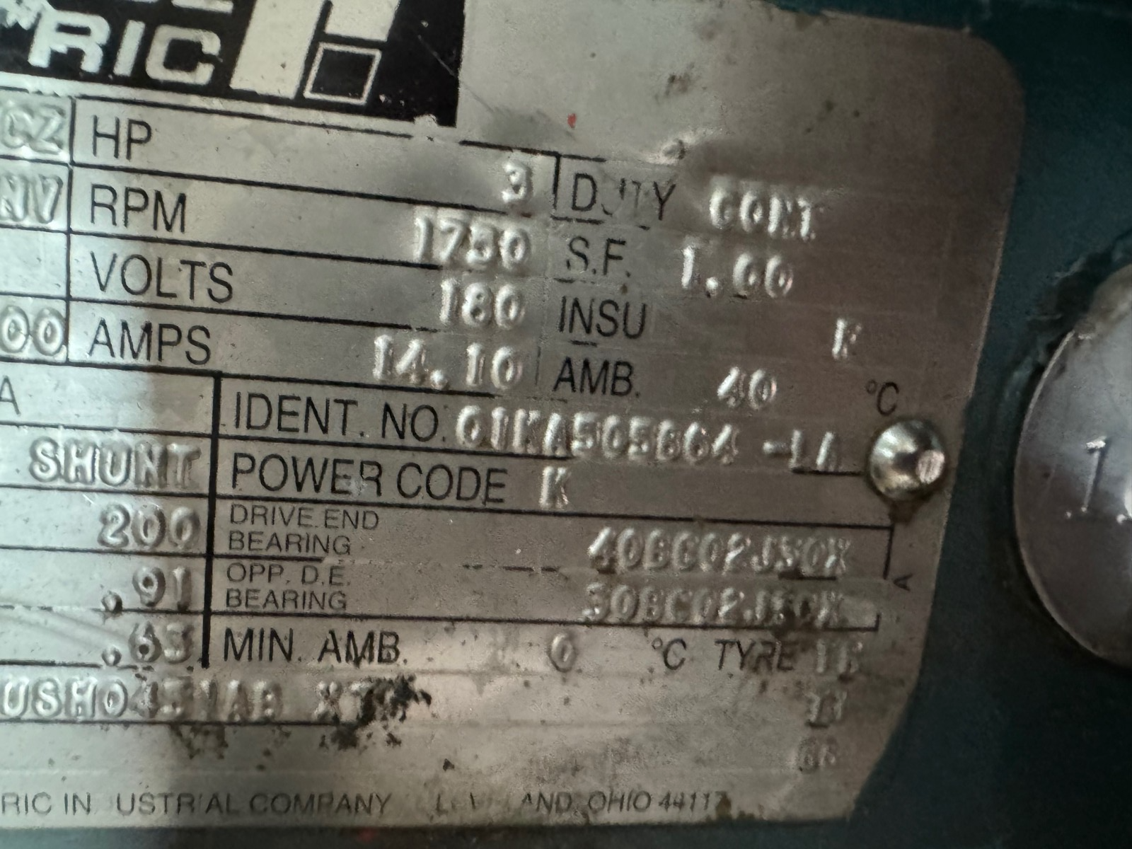 RELIANCE 3 HP DC MOTOR XA12 1750 RPM 180 VDC 14 AMP FRAME C1812ATGZ
