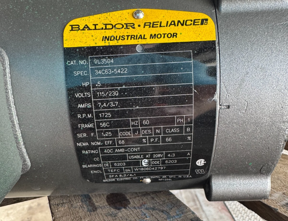 BALDOR MOTOR VV6 1/2 HP MODEL VL3504 1725 RPM 115/230 V 1 PH 7.4/3.7 AMP FR 56C