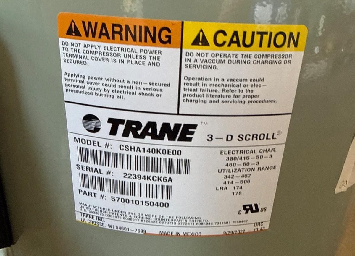 TRANE 14 TON 3-D SCROLL COMPRESSOR R-22 1XYA MODEL CSHA140K0E00