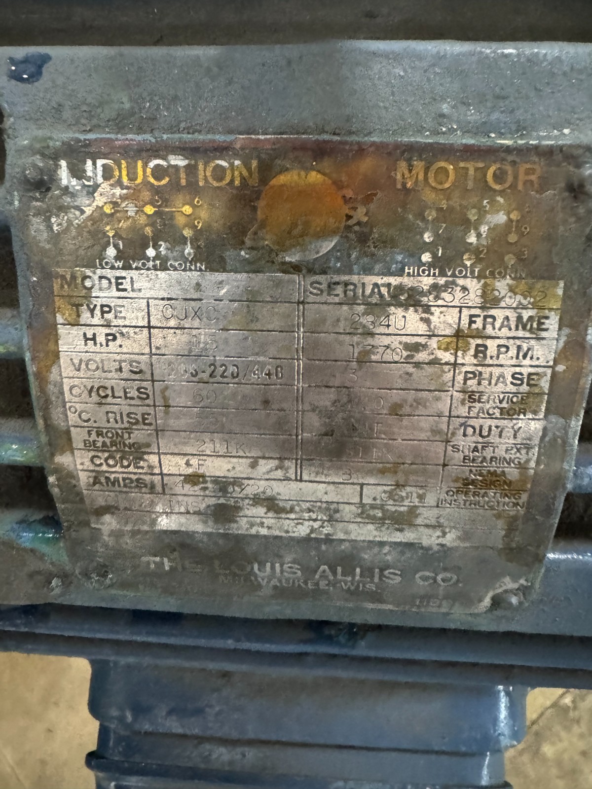 LOUIS ALLIS MOTOR X 15 HP MODEL CJXC 1770 RPM 208-220/440 V 3 PH 42/20AMP F 284U