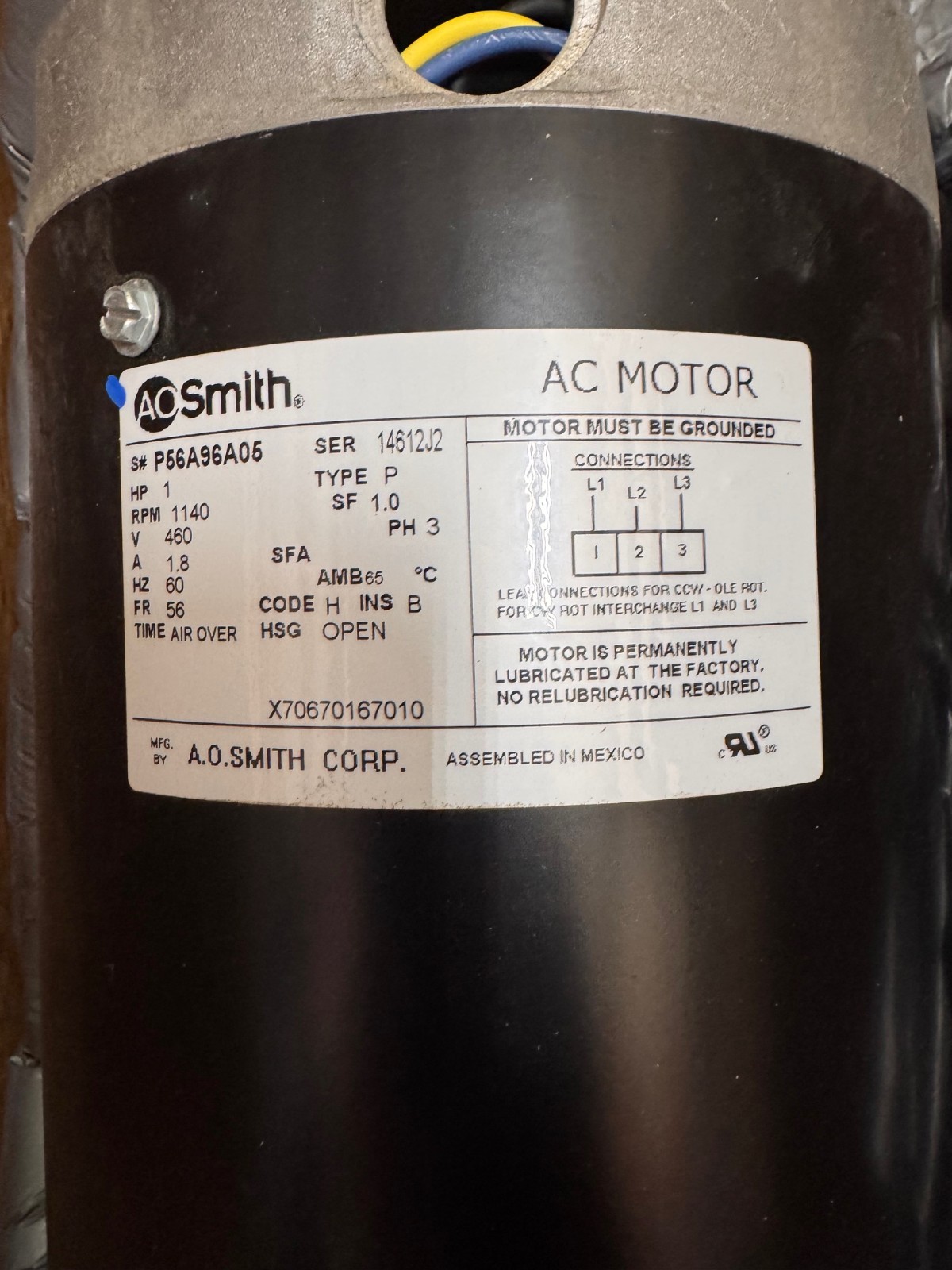 AO SMITH Motor 1 HP MODEL MOT021827 P56A96A05 ZI2 ZI5 ZL3 1140 RPM 460 V 1.8 AMP
