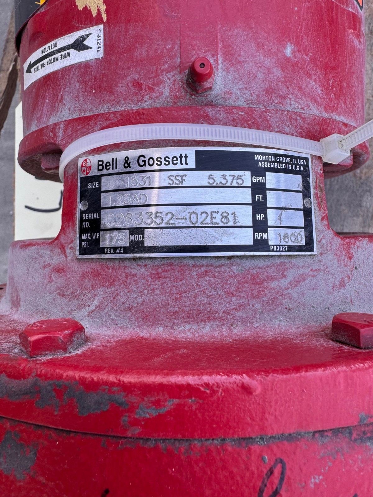 BELL & GOSSETT PUMP 1.25" X 5.375" IMP ZN7 & 9 E-1531 1 HP 1800 RPM 175 PSI