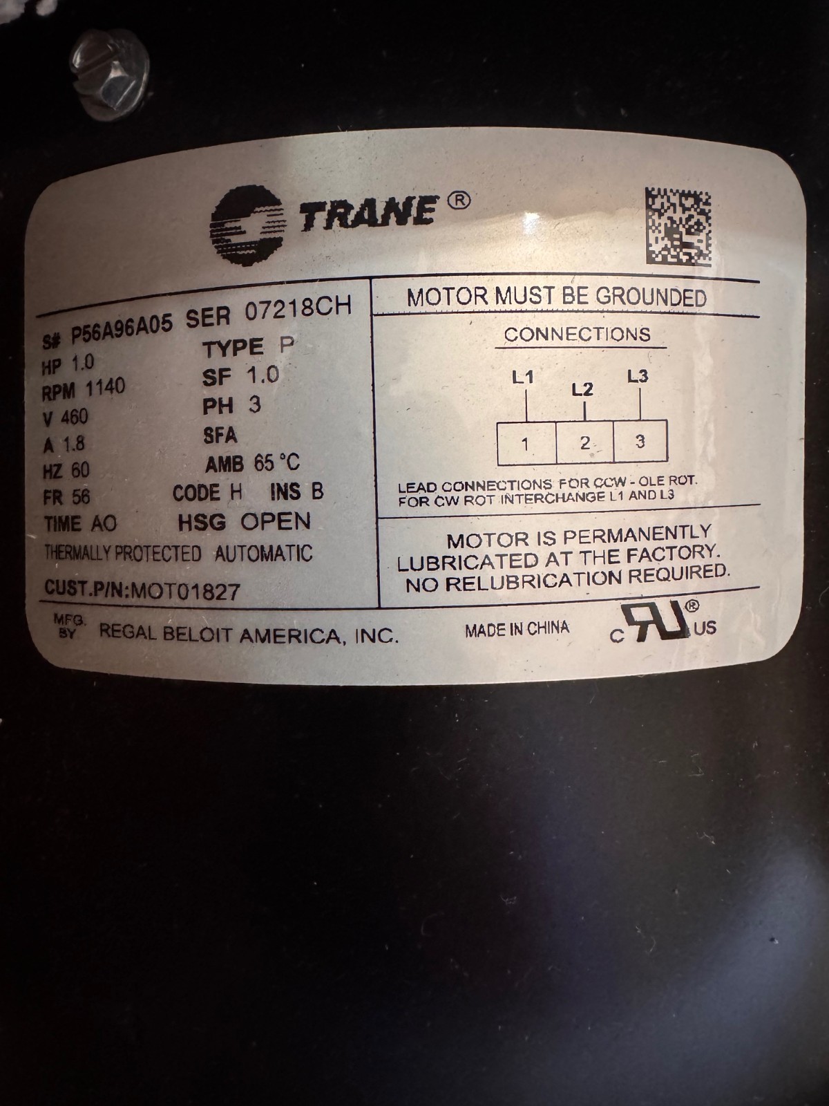 TRANE Motor 1 HP MODEL MOT01827 P56A96A05 ZFA7 ZK3 ZL21140 RPM 460V 1.8 AMP 3 PH
