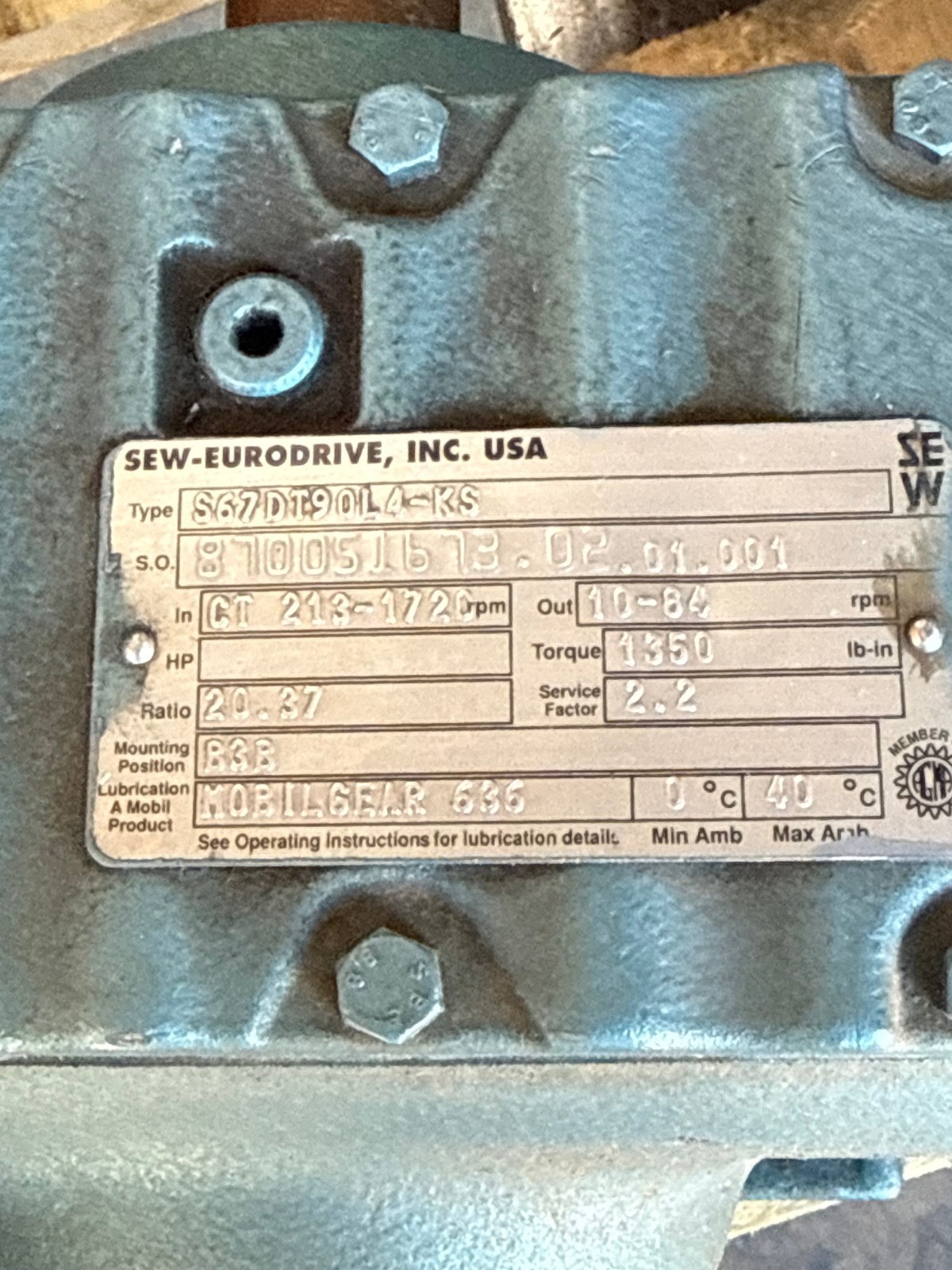SEW-EURODRIVE GEAR MOTOR 1XSC MOD S67/DT90L4-KS 1720-213 TO 10-84 RPM 2 HP