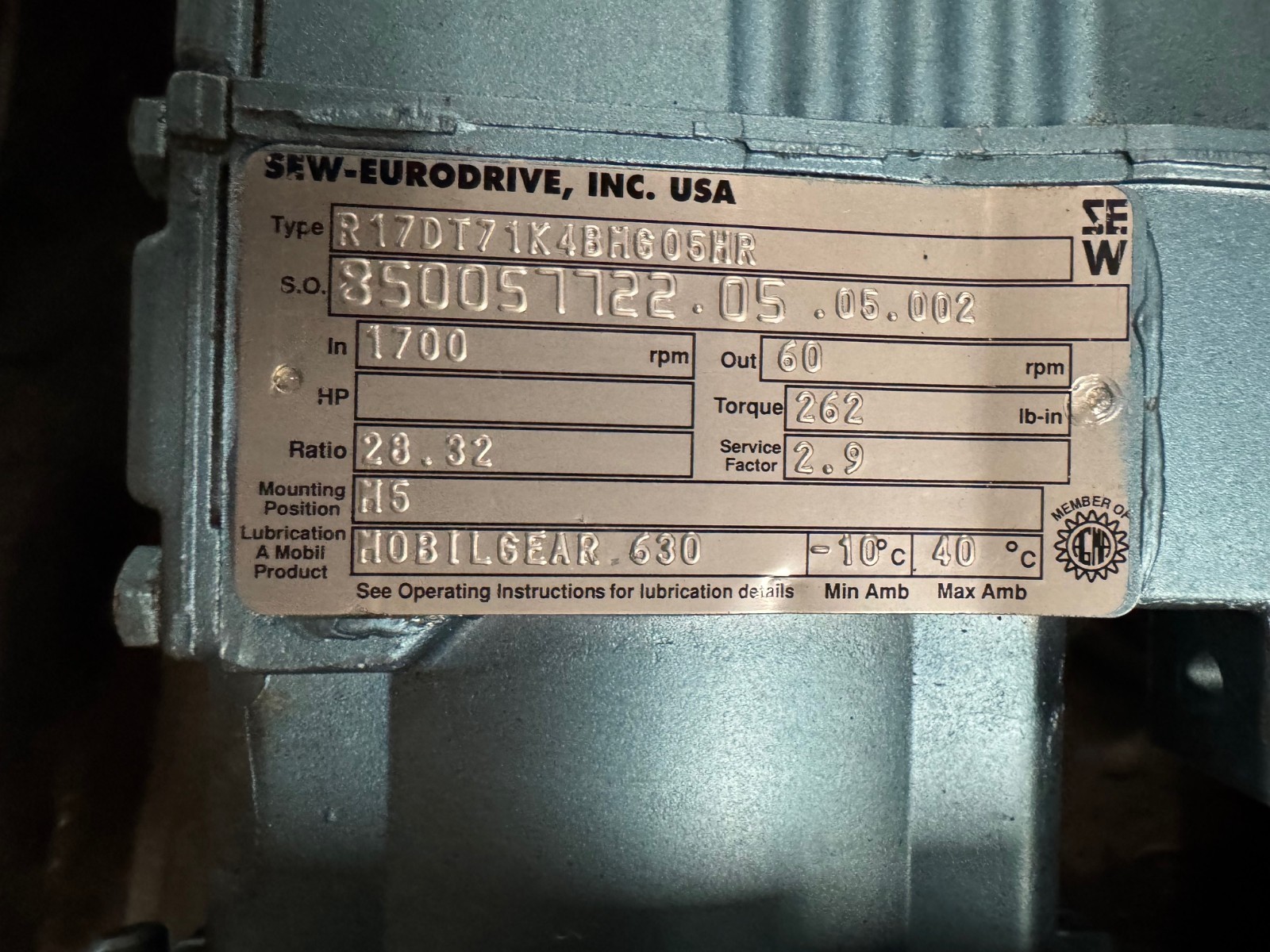 SEW-EURODRIVE GEAR MOTOR WA59 MOD K97 R17DT171K4BMG05HR  1700 TO 60 RPM 1/4 HP