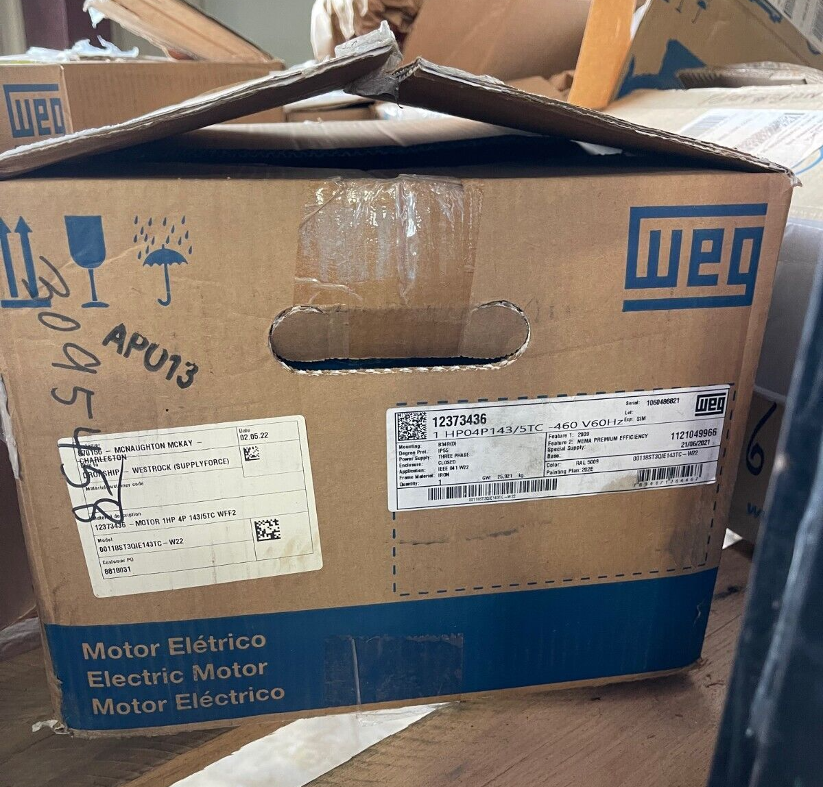 WEG 1HP ELECTRIC MOTOR 04P143/5TC 1800 RPM 460 V60Hz 00118ST3QIE143TC-W22