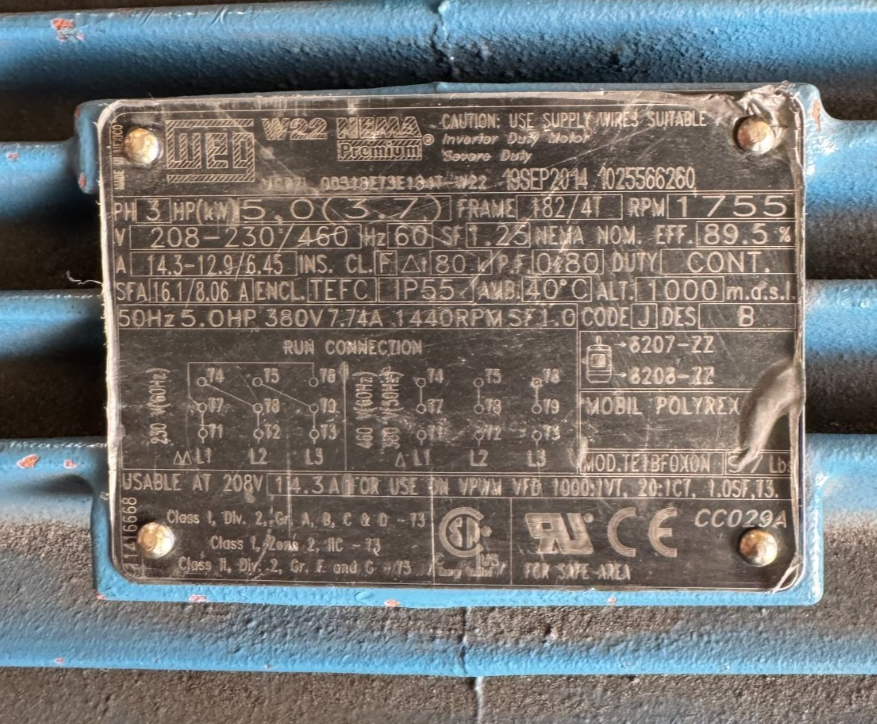 BALDOR MOTOR NN3 5 HP MODEL 00318E73E181T-W22 1755 RPM 200-230/460 V 3 PH 14.3-1