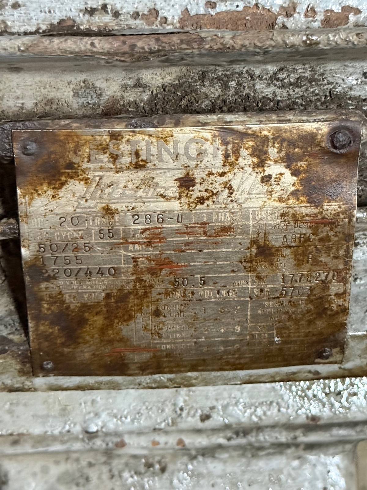 Used WESTINGHOUSE LITE-LINE MOTOR 20 HP 2YBD 1755 RPM 220/460 V 3 PH 50/26  AMP FR 28
