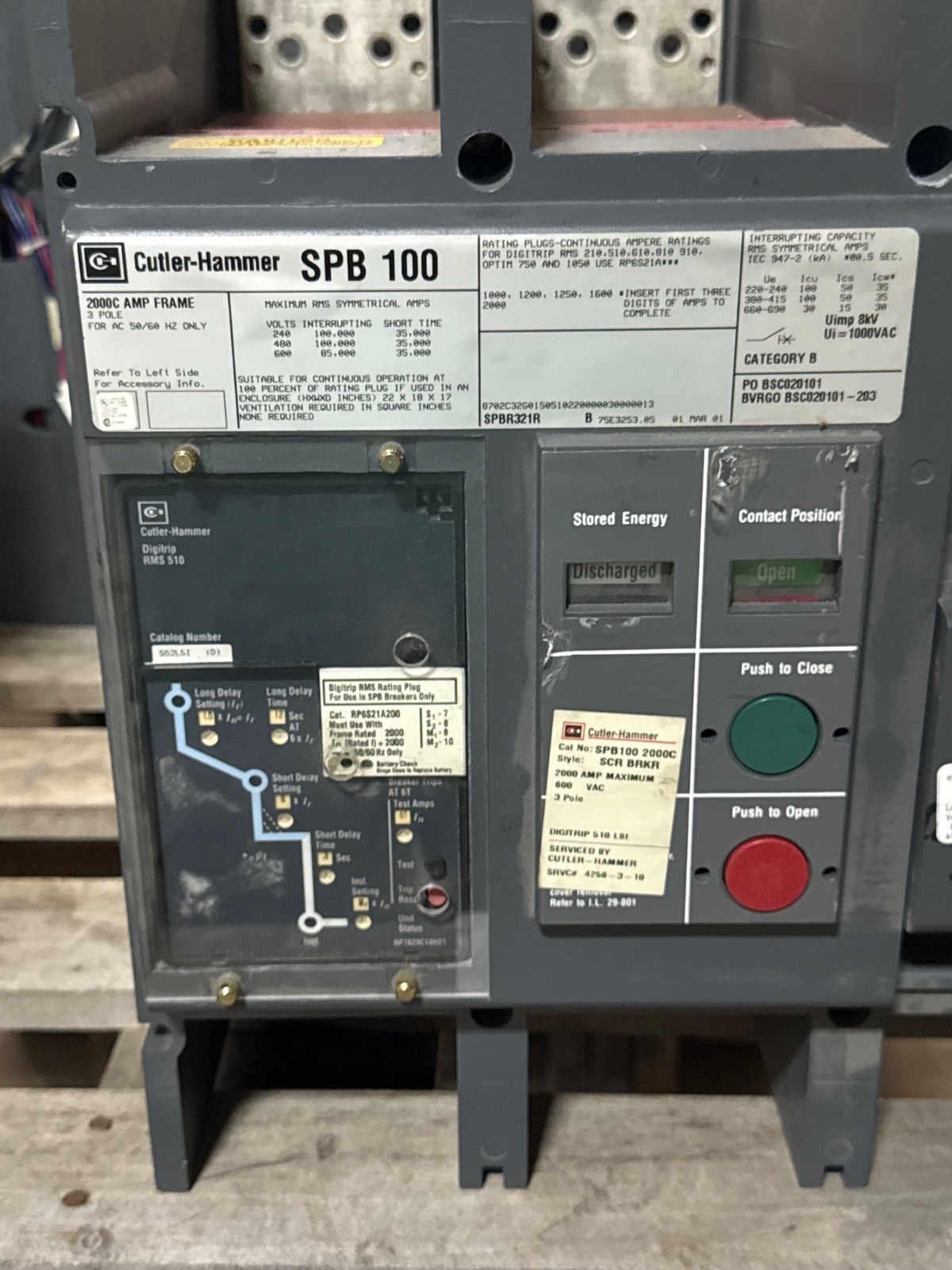 Refurbished BREAKER CUTLER-HAMMER MODEL SPB-100 SPBR321R 2000 AMP 2000 AMP DIGITRIP RMS510 1