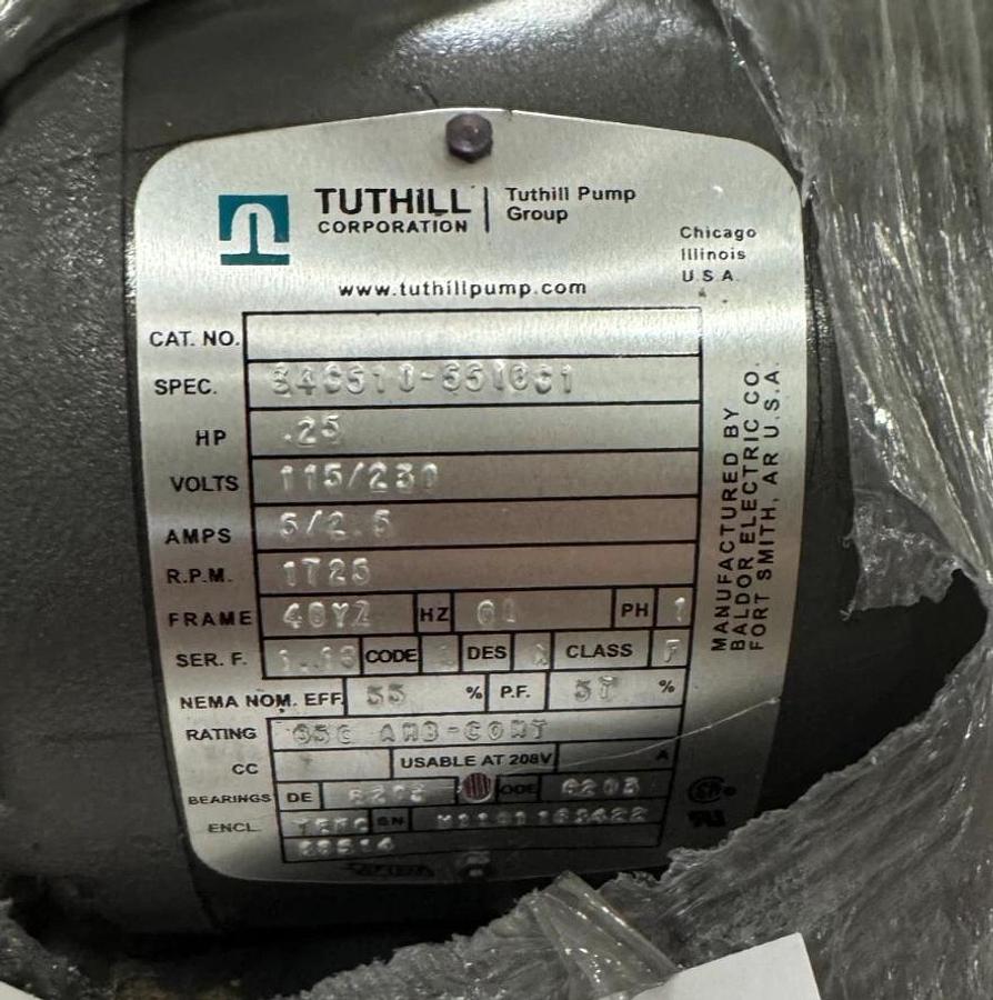 BALDOR TUTHILL MOTOR E6 1/4HP 34C510-5516C1 RPM 115/230 V 5/2.5 A 1 PH FR 48Y2