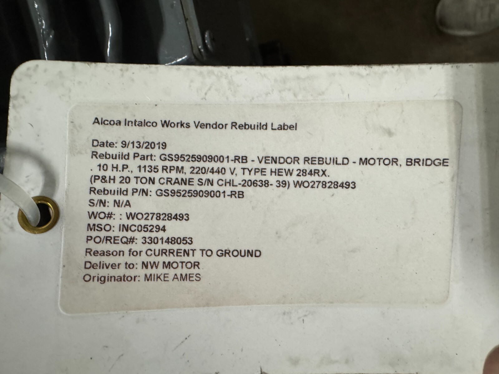 P & H 20 Ton Crane MOTOR P2 10 HP MODEL HEW-284RX 1135 RPM 230/460 V 31.2/15.6 A