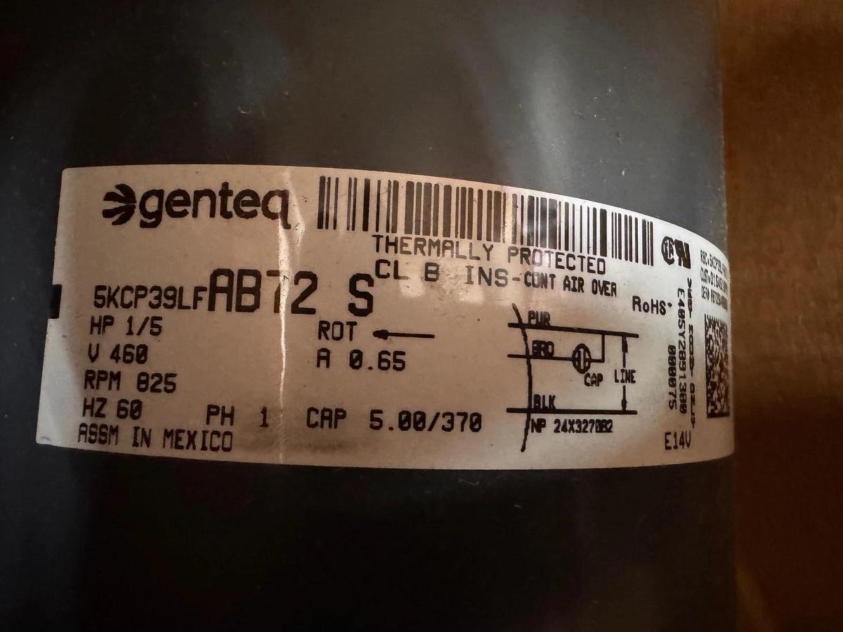 GENTEQ Motor 1 HP MODEL MOT09375F48M02A05 ZJ6 1100 RPM 380/415/460 1 AMP 1 PH FR