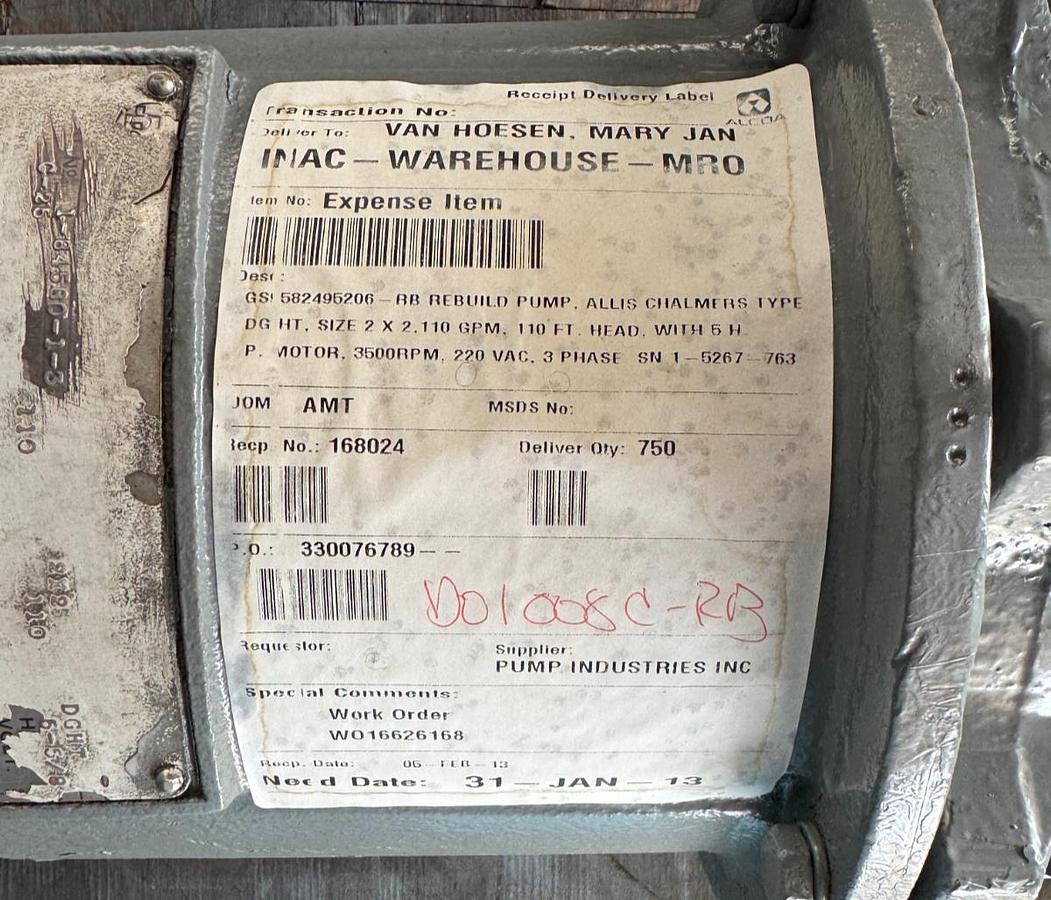 Refurbished ALLIS CHALMERS PUMP SS1 MODEL DCHT 120 GPM 2" X 2" IMPELLAR 5 5/8" 5 HP 3500 RPM