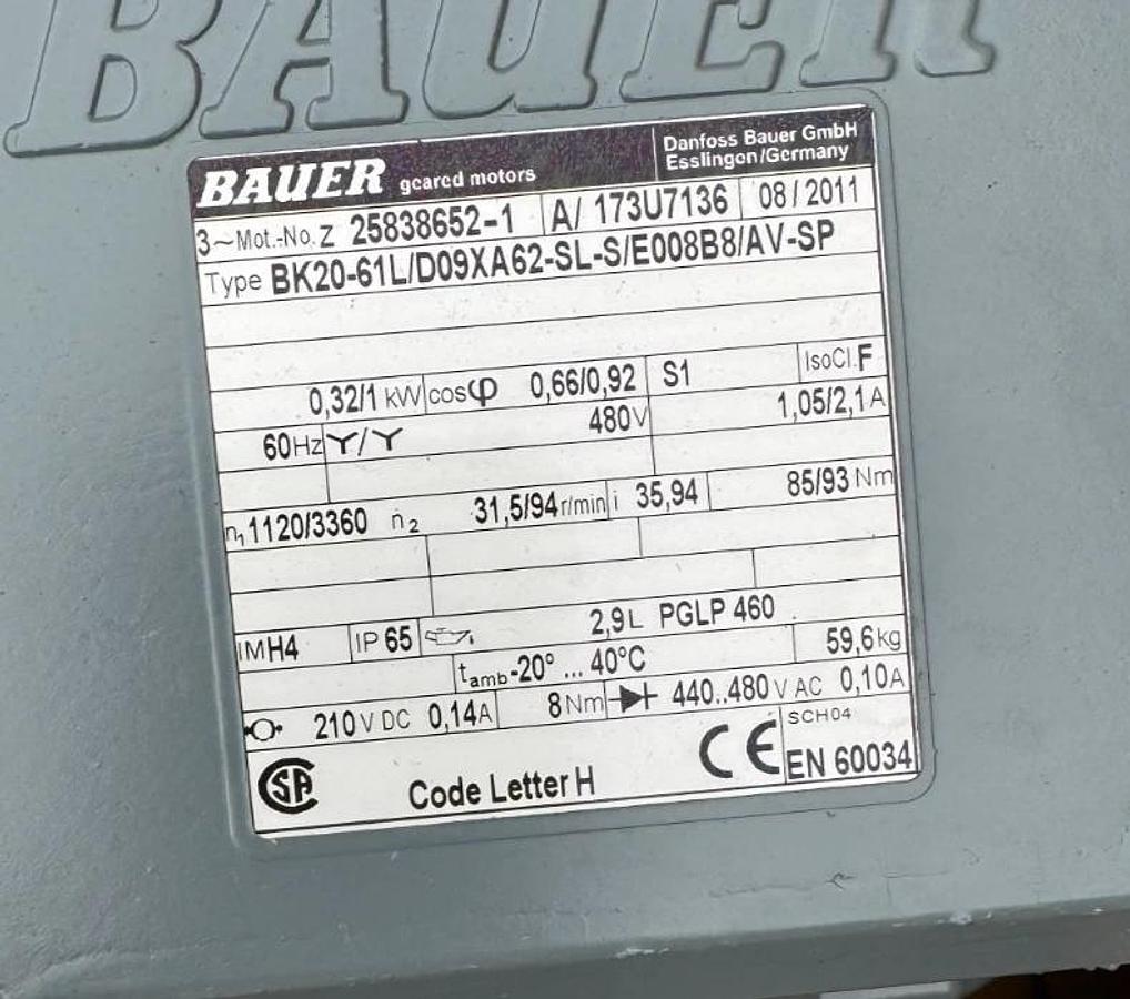 Bauer Gear Motor HH1 BK20-61L/D09XA62-SL-S/E008B8/AV-SP 1120/31.5/3360/94RPM