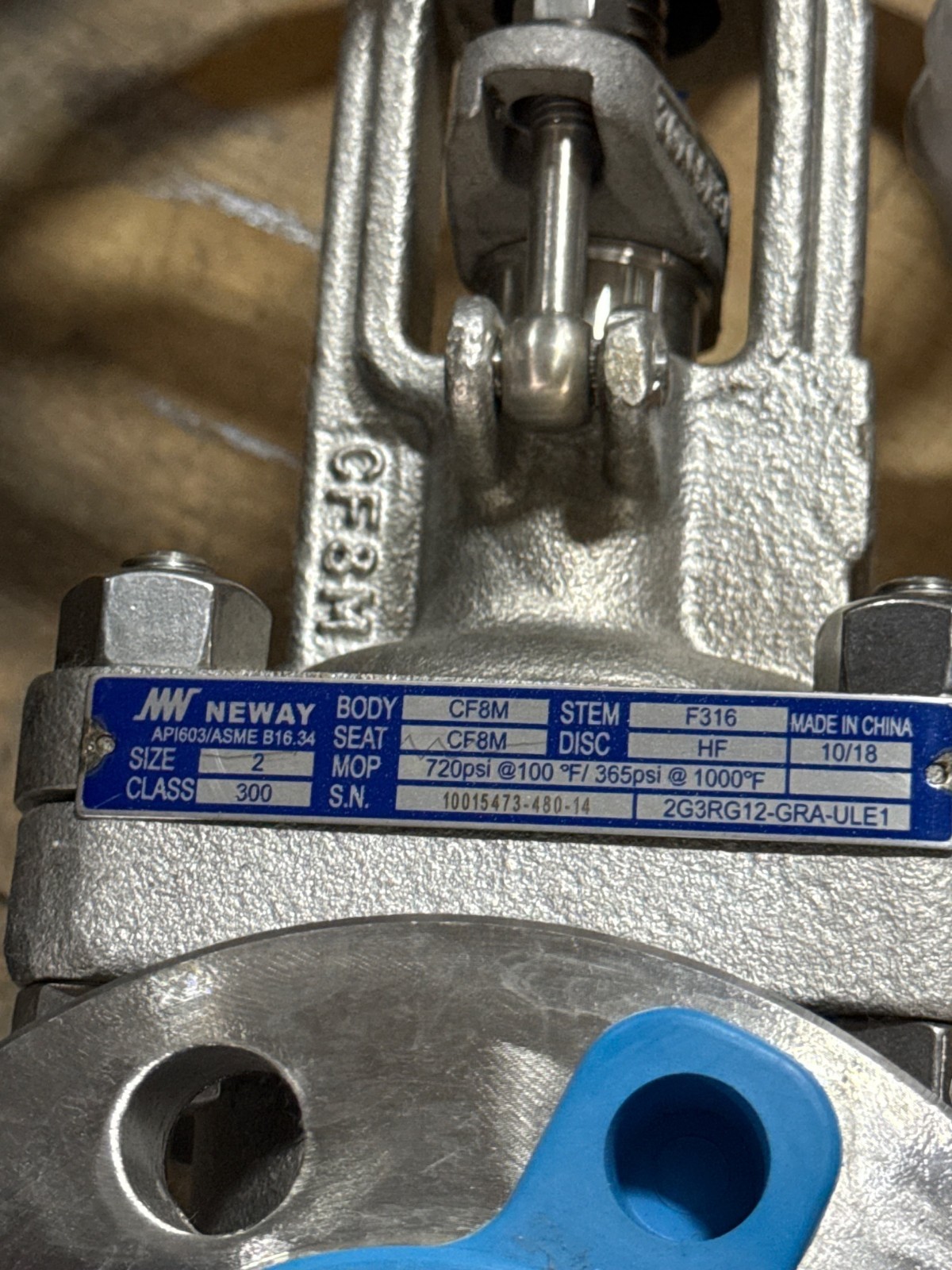 Used 2" 300 RF GATE VALVE 316 SS HANDWHEEL OP NEWAY 2G3RG12-6-GRA-ULE 2YM2 3 4
