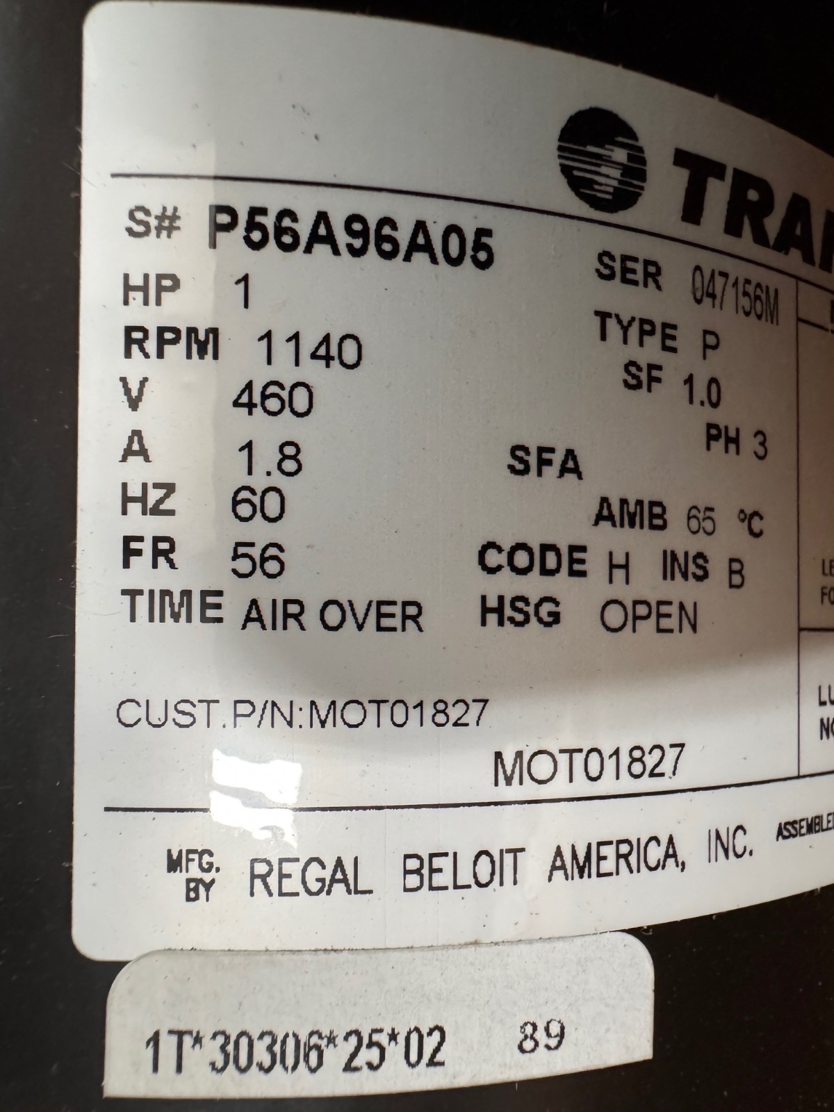 TRANE Motor 1 HP MODEL MOT01827 P56A96A05 ZFA7 ZK3 ZL21140 RPM 460V 1.8 AMP 3 PH