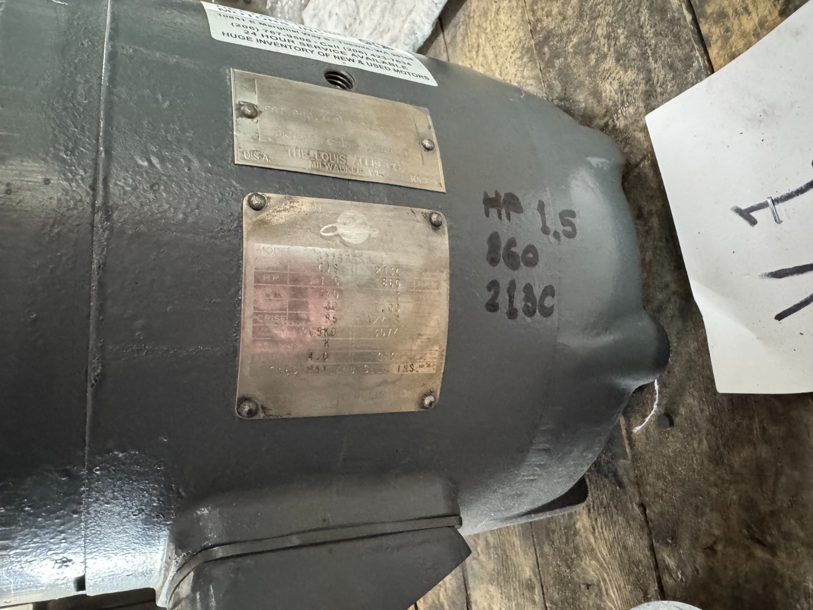 LOUIS ALLIS MOTOR V1 1.5 HP MODEL 5282520170 860 RPM 440 V 3 PH 4 AMP F 213C