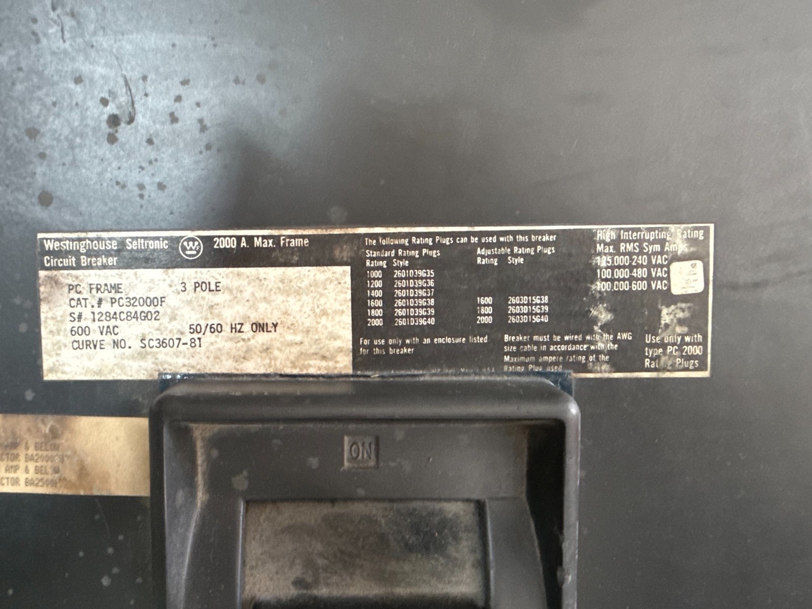 Refurbished Westinghouse 2000 AMP BREAKER PC32000F 2KA PC FRAME 3P 600V 2000 A TRIP 2YW2