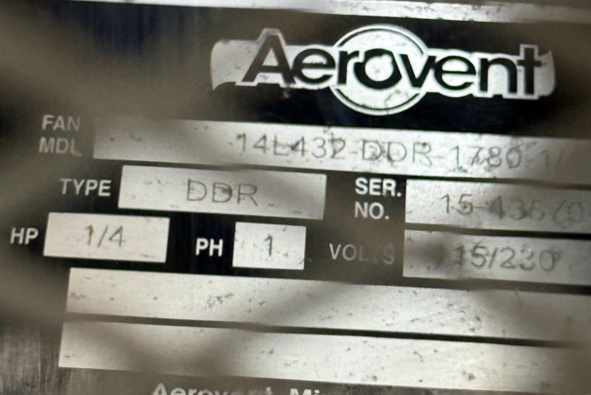 AEROVENT FAN BLOWER MODEL 14L432-DDR-1780-1/4 1700 CFM 1XYD E 1780 RPM 1/4 HP
