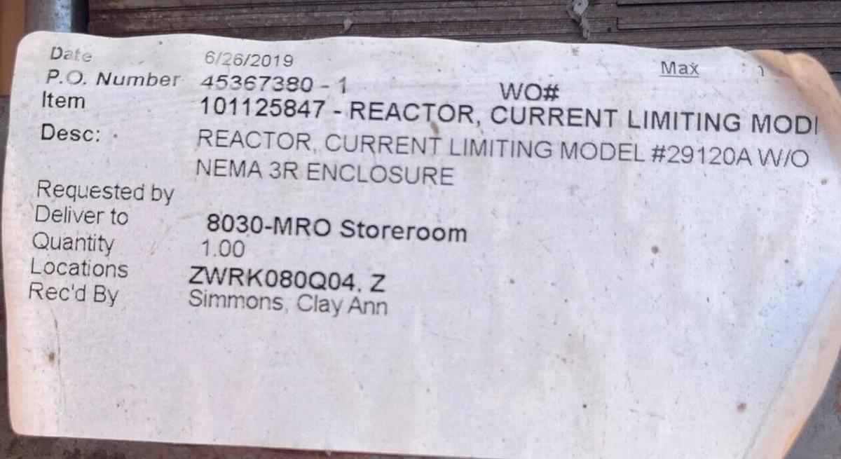 Current Limiting Reactor Model 29120A 1.7 MH 256 AMP 1 PH 2.5 KV TEST