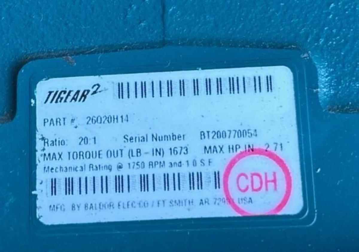TIGEAR/2 BALDOR GEAR REDUCER 1XNBMOD 26Q20H14 1750 RPM 20 TO 1 RATIO 2.71 HP MA
